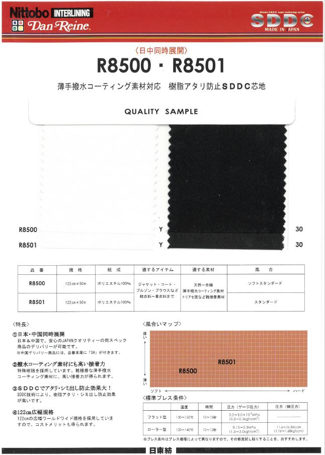 R8501 Dan Reine 薄防水涂层材料兼容树脂防雅化 SDDC 衬布标准 日东纺绩