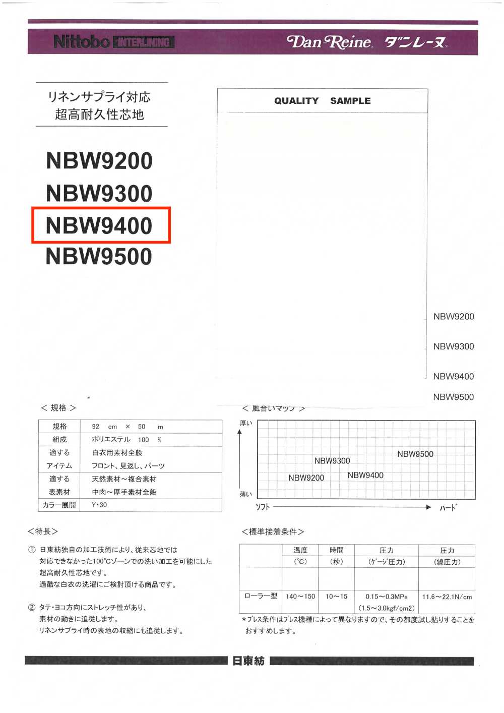 NBW9400 适用于重型产品洗涤工艺的高耐久性衬里（硬质型）[衬布] 日东纺 Nittobo