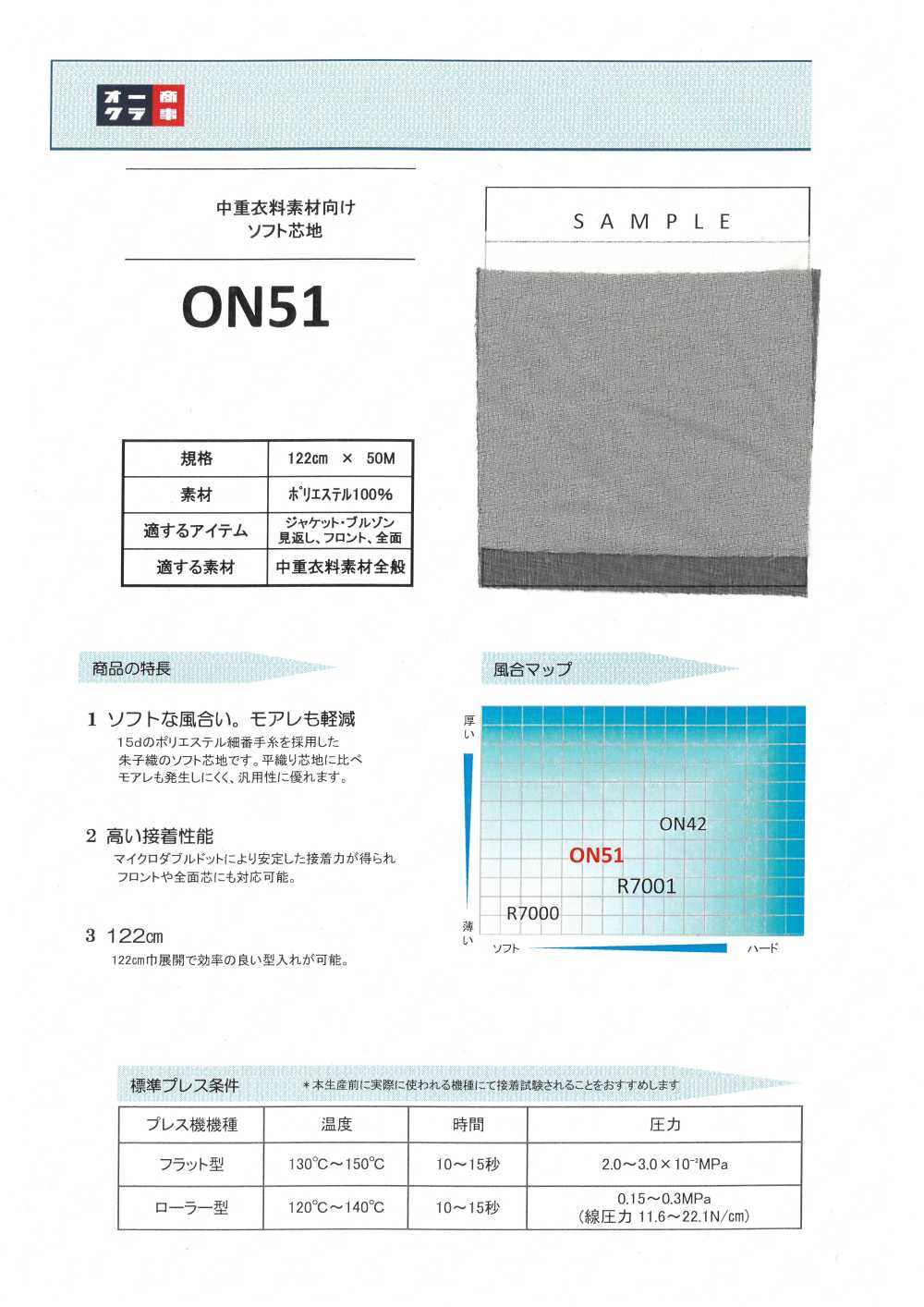 ON51 适用于中厚衣物的柔软衬布 日东纺绩