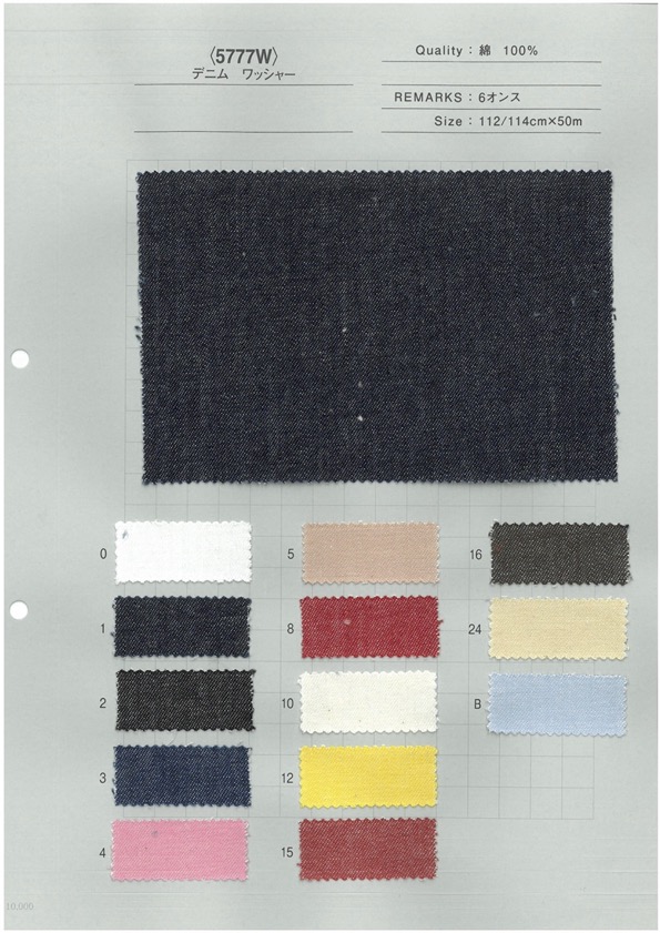 5777W 丰富的色彩变化 彩色丹宁布水洗处理 6 盎司。[面料] 吉和纺织