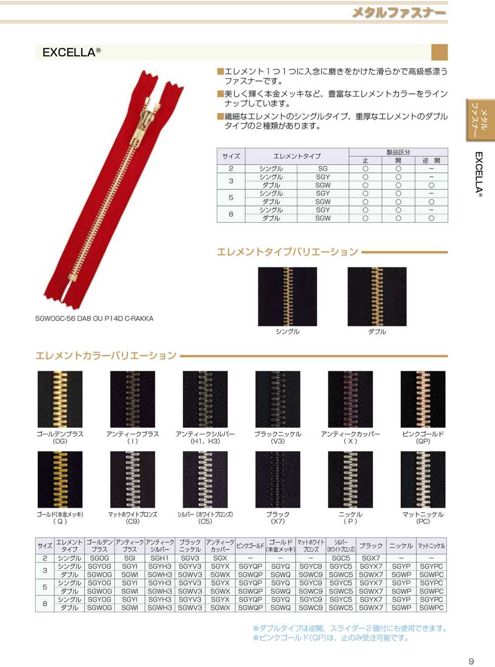 5SGWOGCH EXCELLA®拉链5尺寸金色黄铜链双 YKK