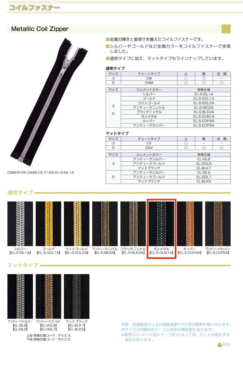 3CNMC-EL-GUN1 金属树脂拉链， 3 种尺寸，枪灰色闭口。 YKK拉链