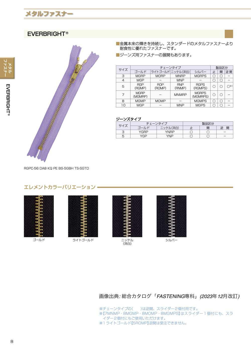 7MNMRPOR EVERBRIGHT&#174;拉链7 种尺寸镍银 开 YKK