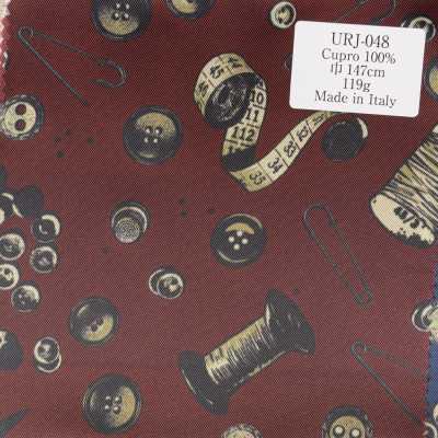 URJ-048 意大利制 100%铜氨纤维印花里料 裁缝工具与纽扣图案 酒红色