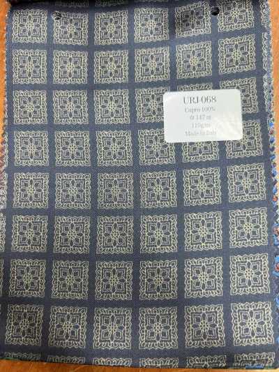 URJ-068 意大利制 铜氨纤维100%印花里布 底色海军蓝 图案米色