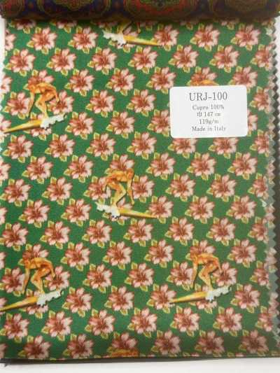 URJ-100 意大利产 100%铜氨丝印花里料 花卉图案 绿色